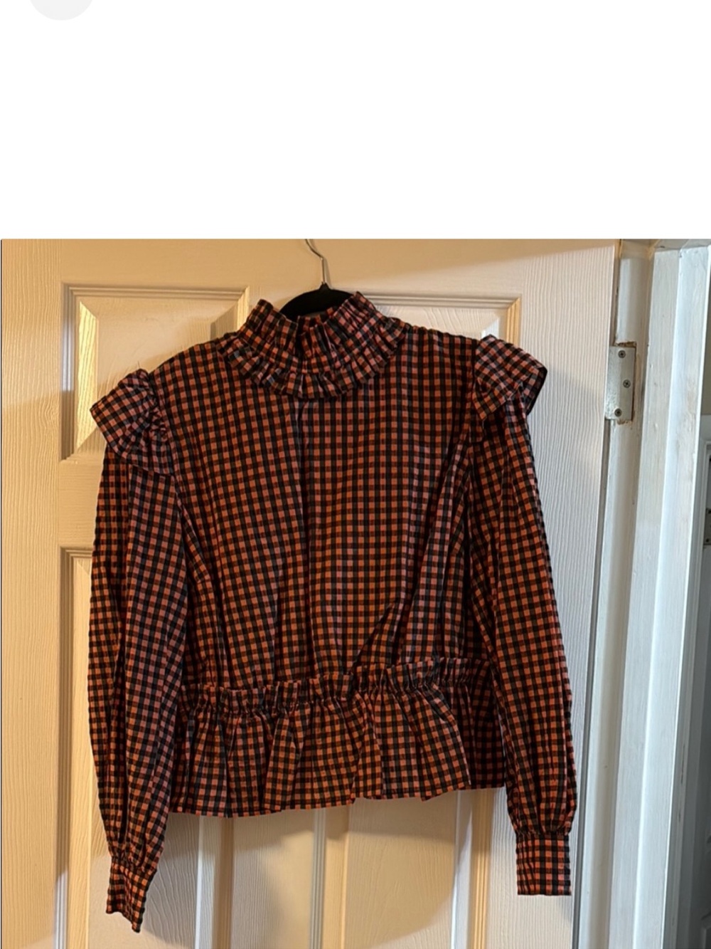 Ganni Black & Pink Checked Ruffle-Neck Blouse